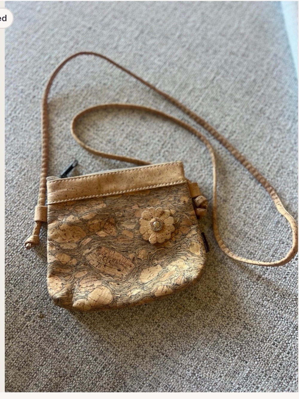 Mini Crossbody Cork Bag with Floral Accent - Tan